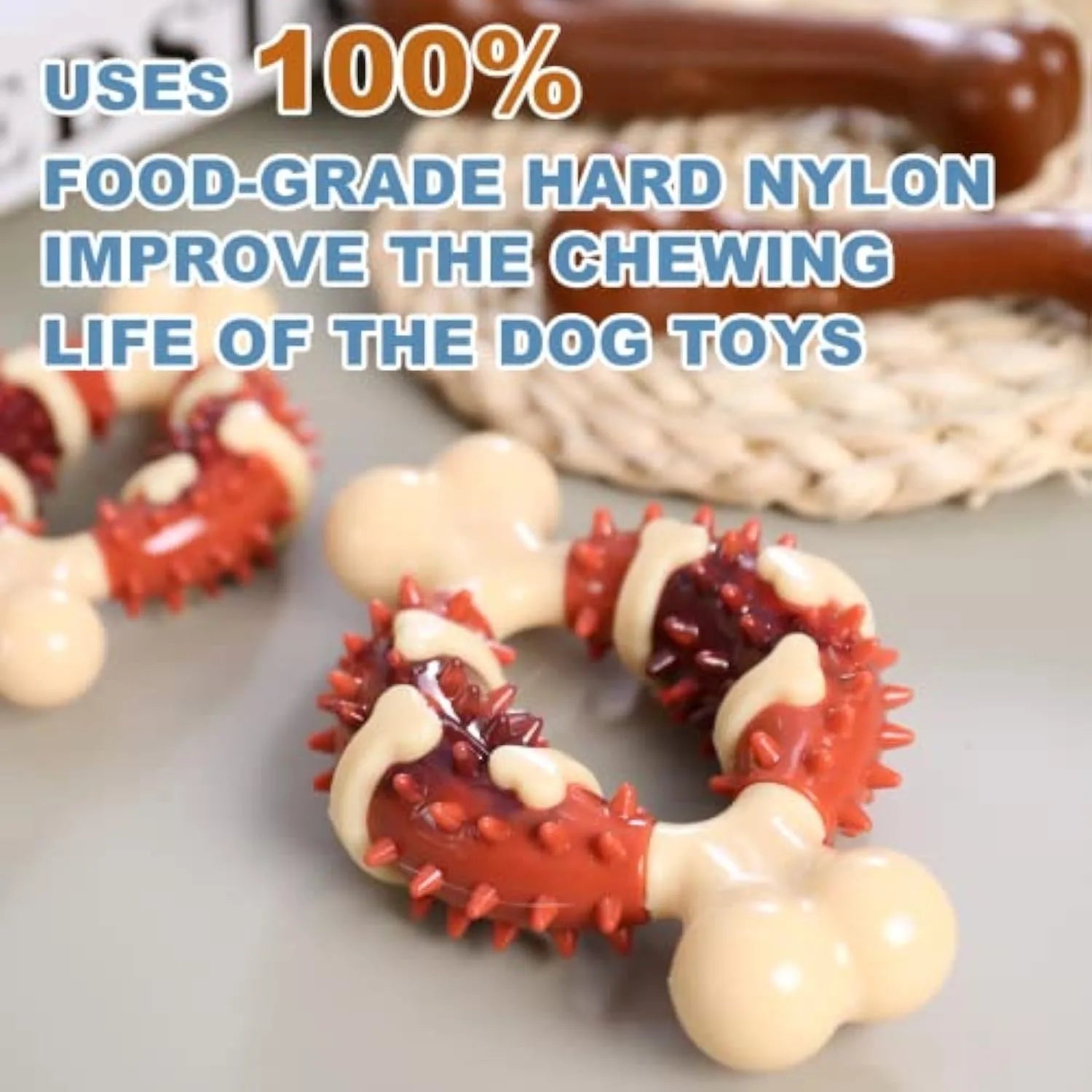Natural rubber bone-shaped dog molar toy for teeth grinding and anxiety relief in two size options