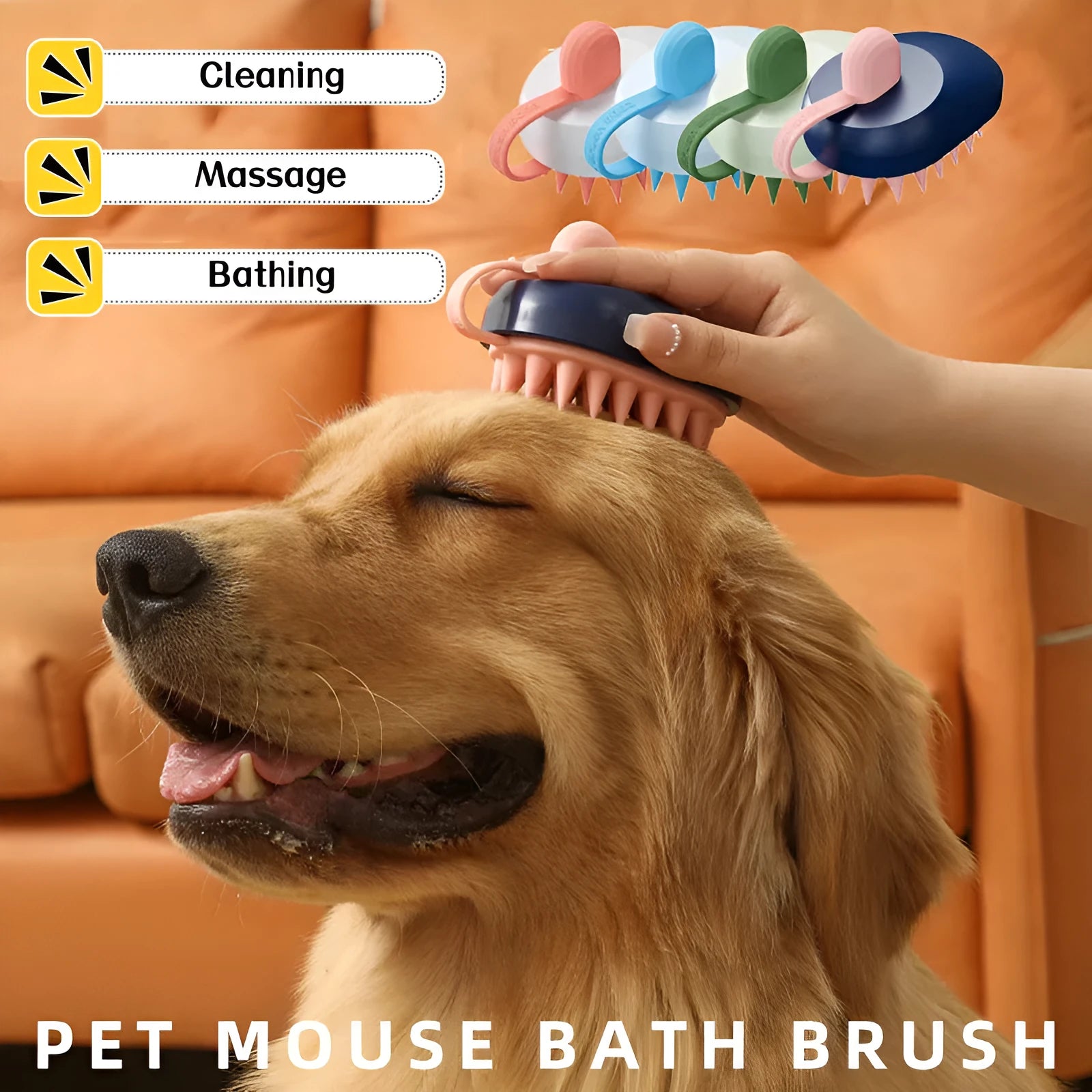 Soft silicone handheld pet hair remover and massage brush in dark blue on a white background.