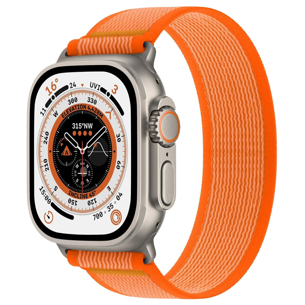 Single ring fastening nylon Apple Watch band in multiple colours showing integrated strap design