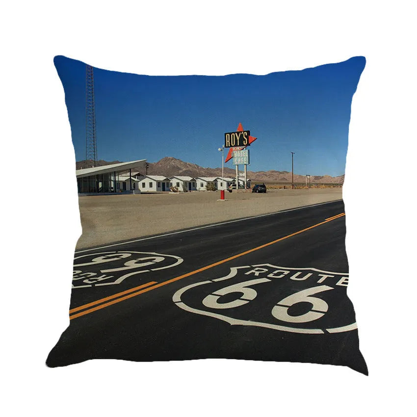 Route 66 landscape pattern on a square linen and cotton blend cushion cover