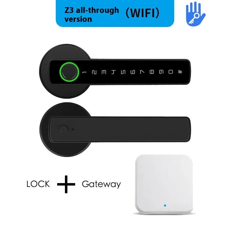 Black spherical card smart door lock on wooden door with fingerprint sensor