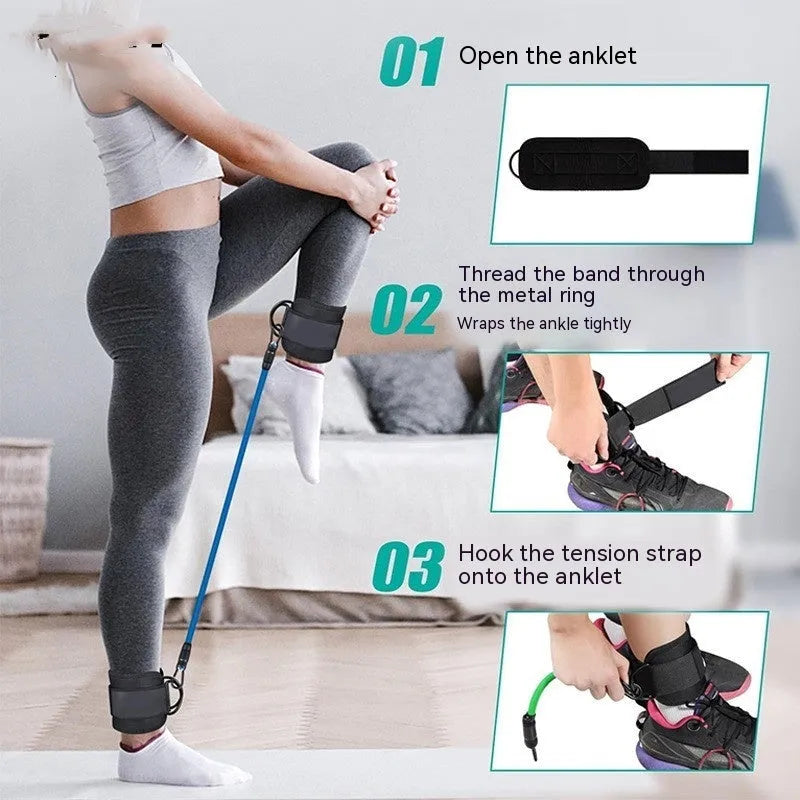 Yoga exercise hip lifting leg shaping ankle buckle tension band set with three TPE resistance bands and foot loops