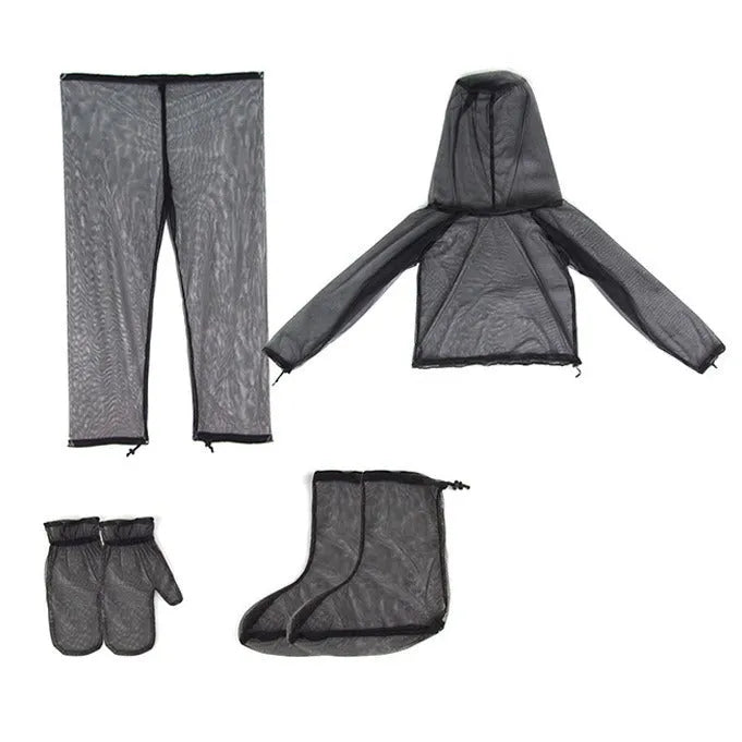 Mesh anti mosquito suit four-piece set showing hooded top, pants, and booties for outdoor activities.