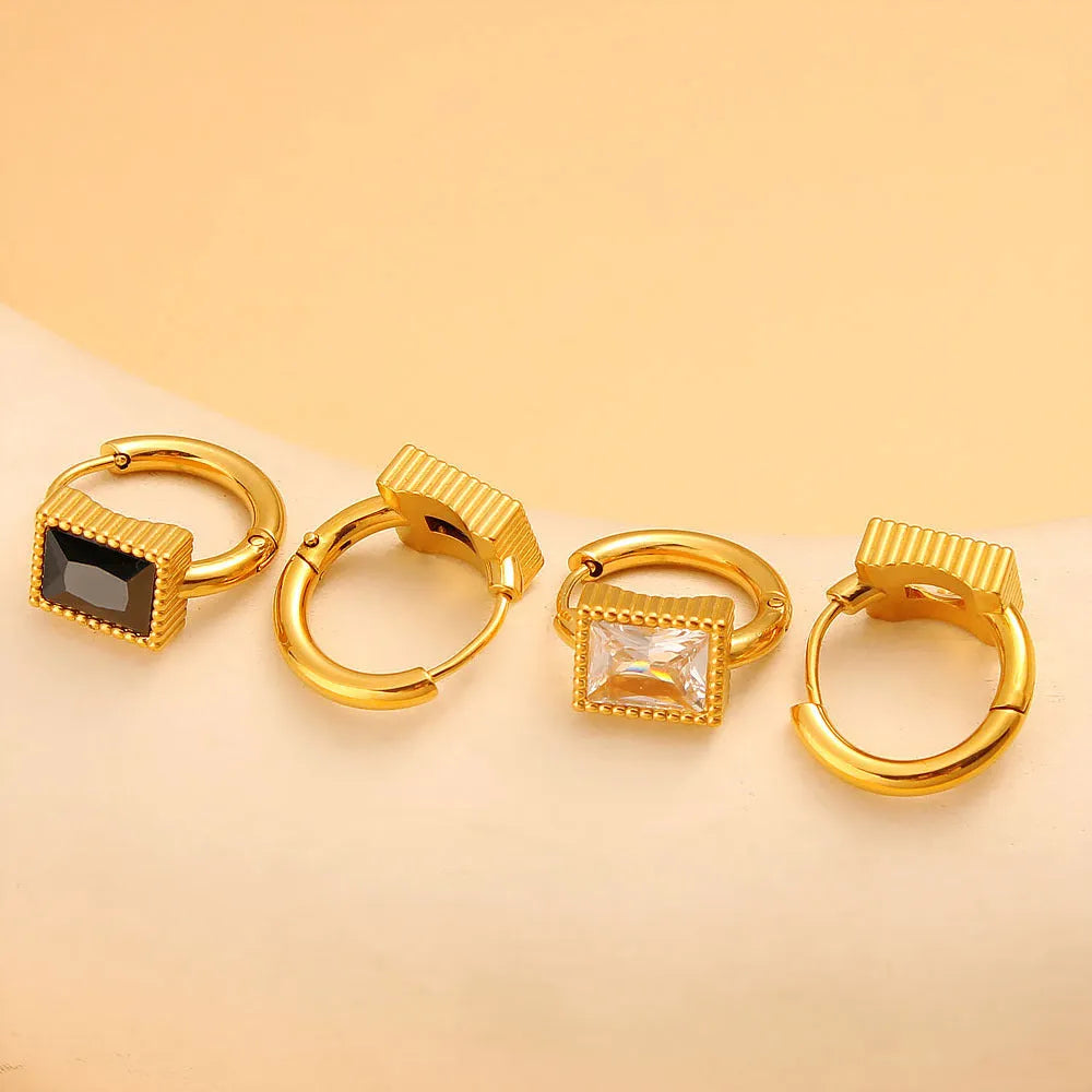 Square zircon stainless steel earrings in geometric design, available in white, black, or green electroplated colours.