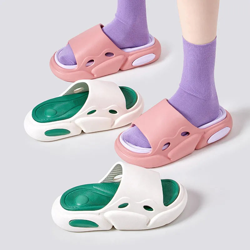 Two-colour thick-soled EVA slippers with leather lining in pink purple, white green, and black white colour options