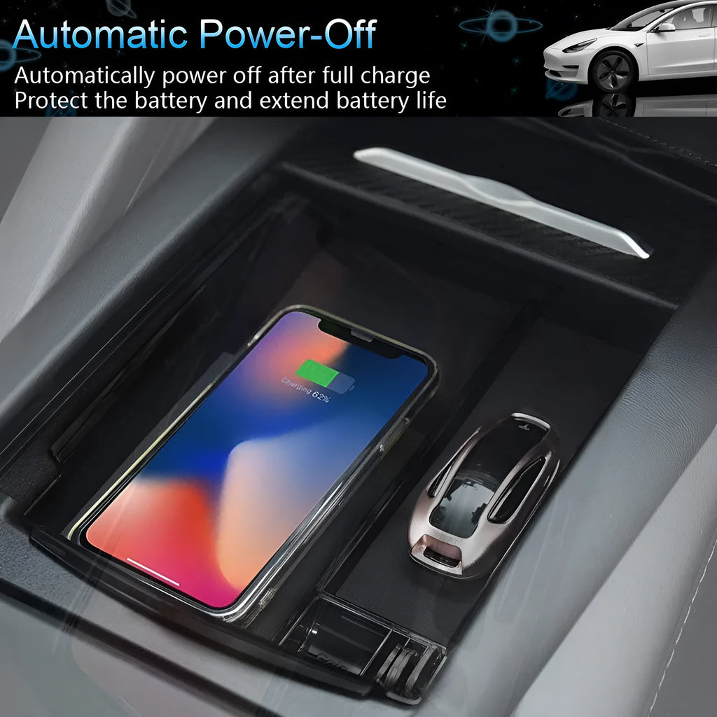 Black ABS plastic wireless charging base box for QI smartphones on a desk