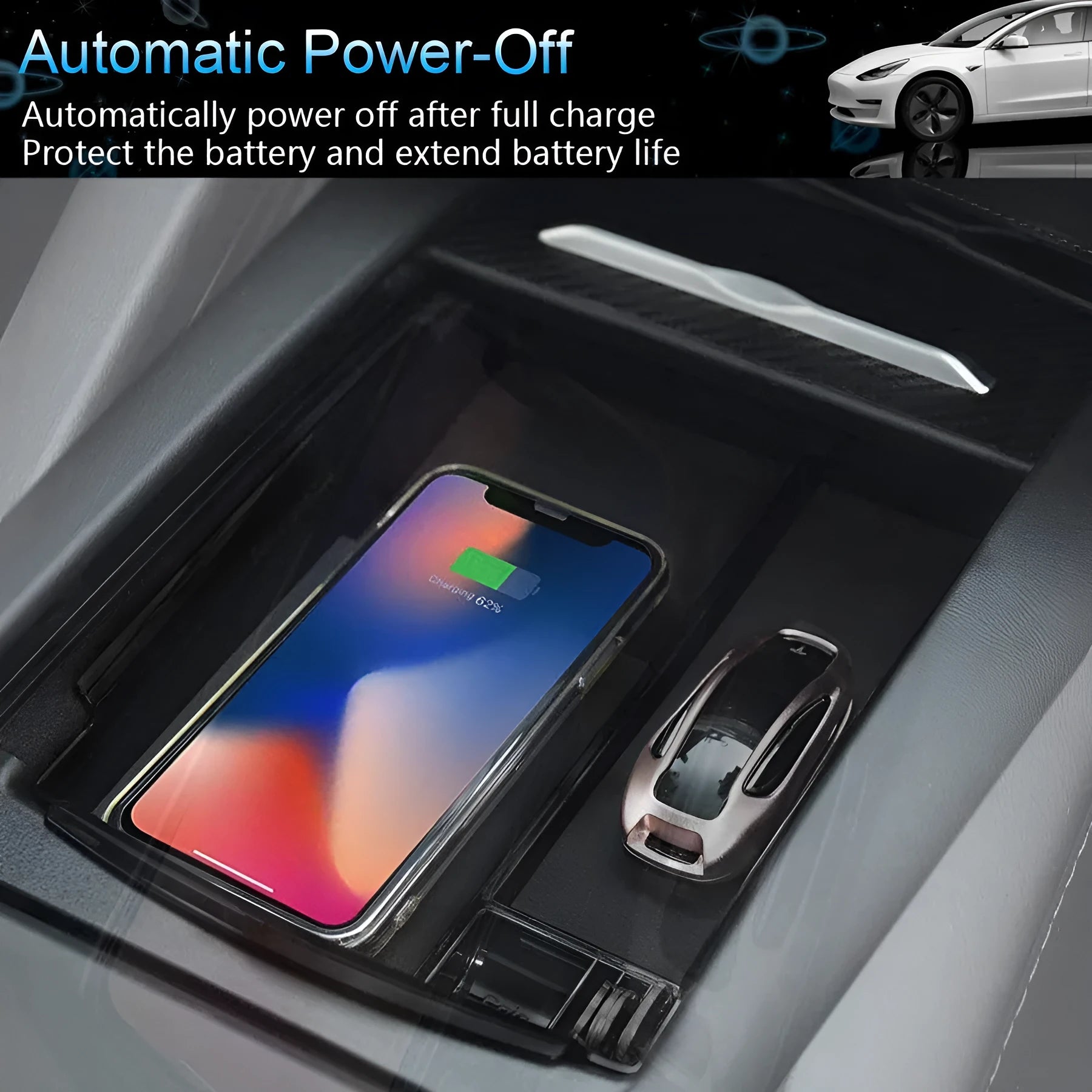 Black ABS plastic wireless charging base box for QI smartphones on a desk