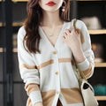 Women's striped V-neck knitted cardigan in a slim fit, showing 3D pattern detail.