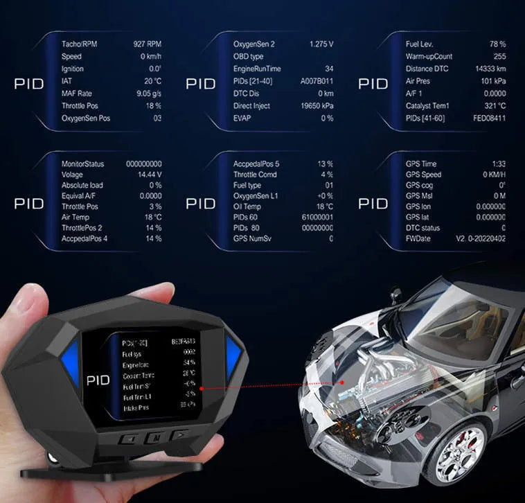P1 model black car head-up display unit on dashboard with OBD cable