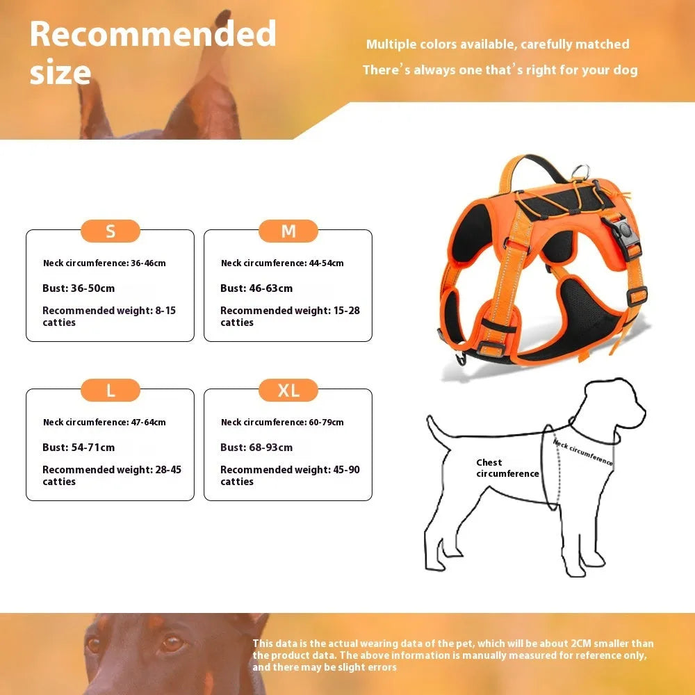 Reflective orange dog harness with a black hand-holding rope lead laid out flat.
