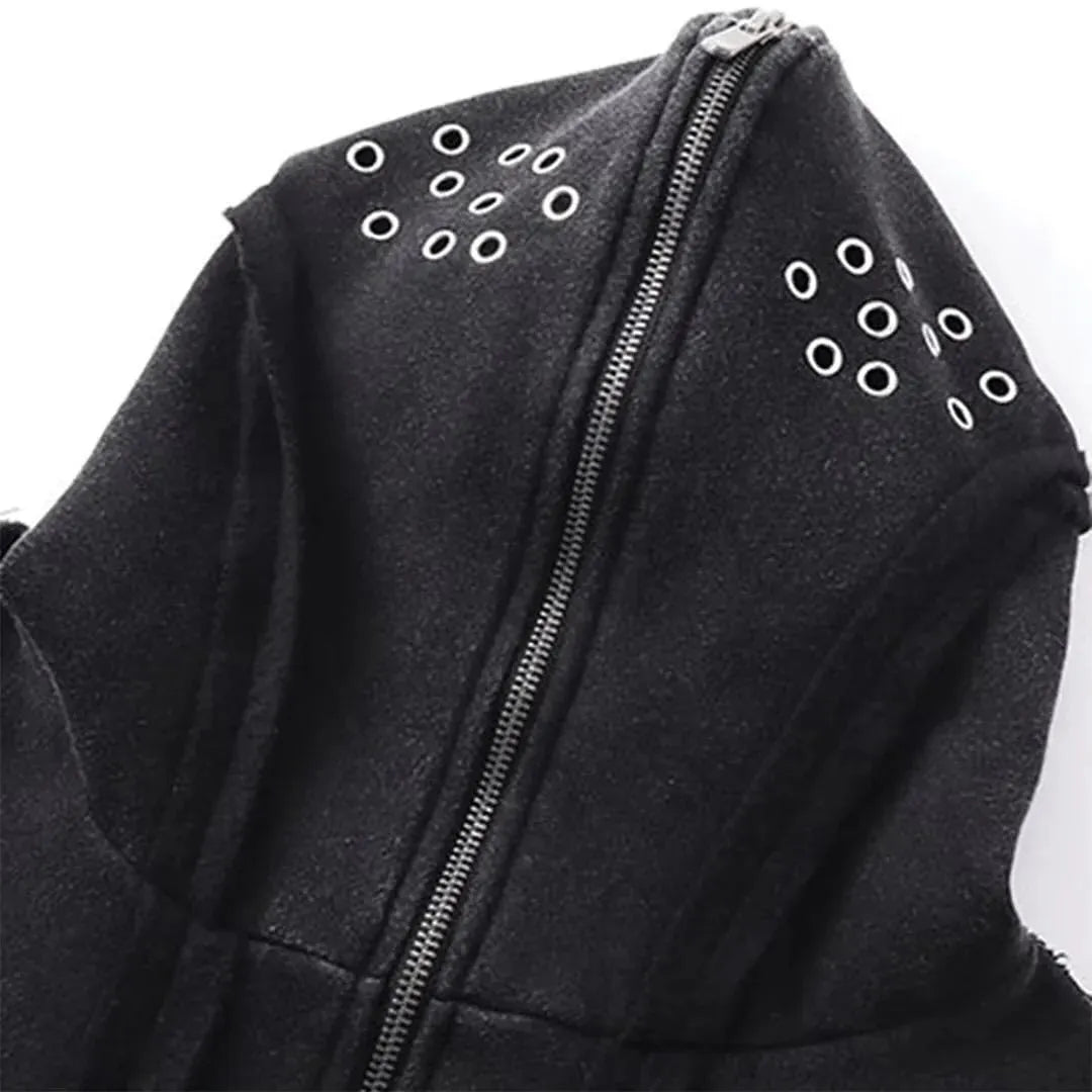 Black men's retro zip hooded cotton coat with abstract pattern, shown loose fit.