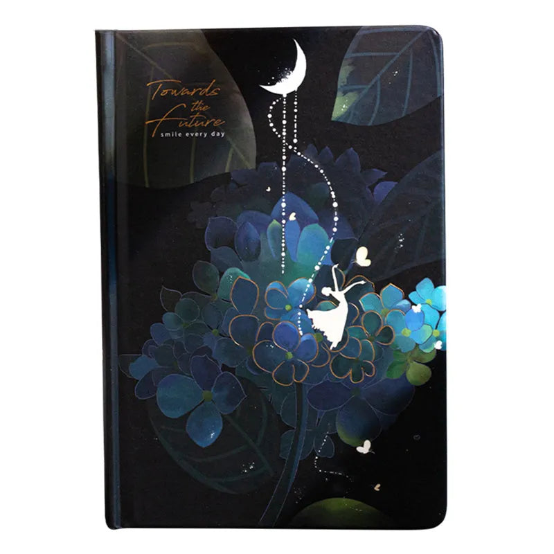 Four A5 hardcover notebooks with luminous covers in deep blue, gold, light blue, and purple colours.