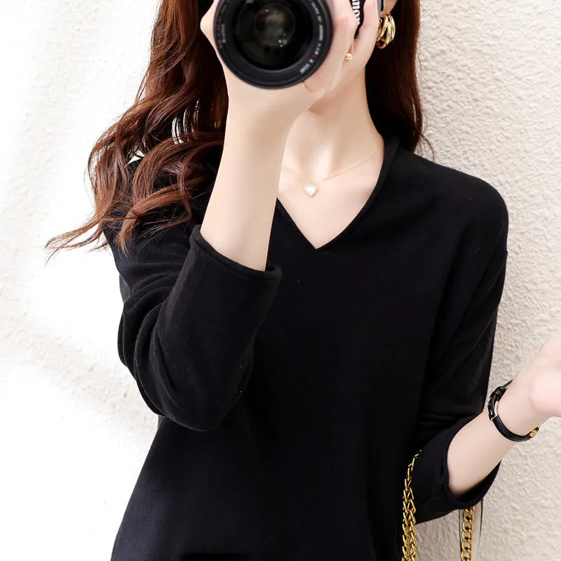 Women's V-neck long sleeve knitwear top in turmeric colour, pullover style, non-iron fabric
