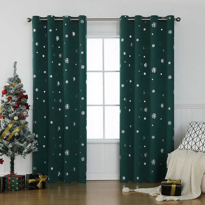 Snowflake pattern shade cloth curtain in green or red with lace loop or iron hoop styling