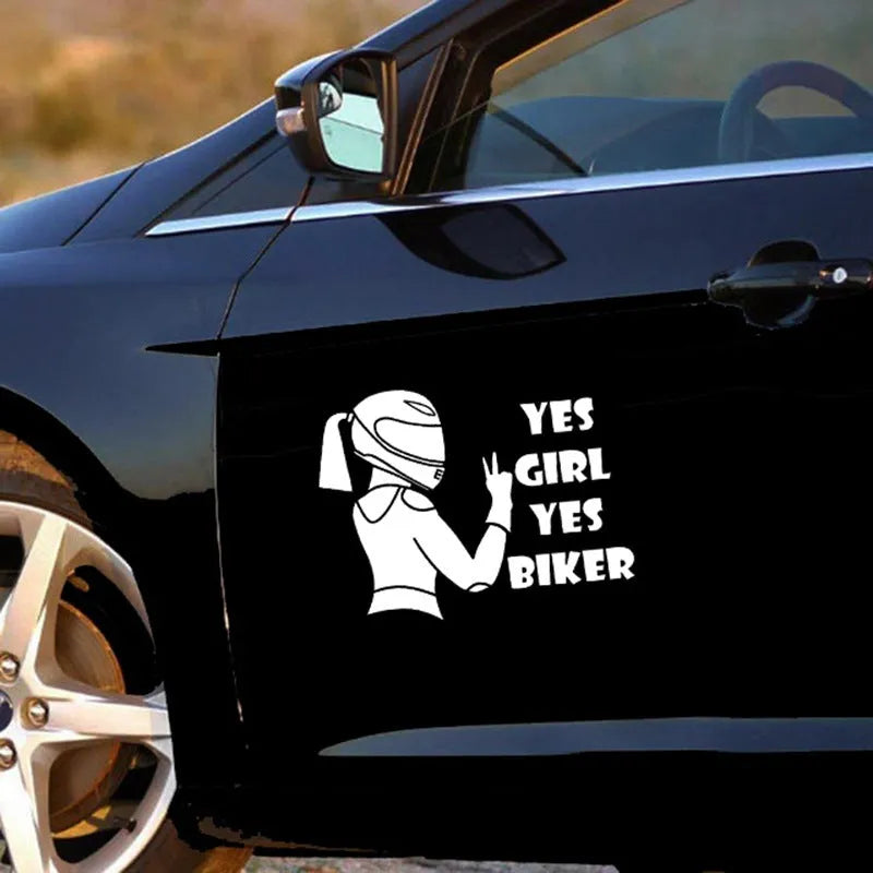 Rider girl character car waterproof sticker measuring 16cm by 15cm in black colour
