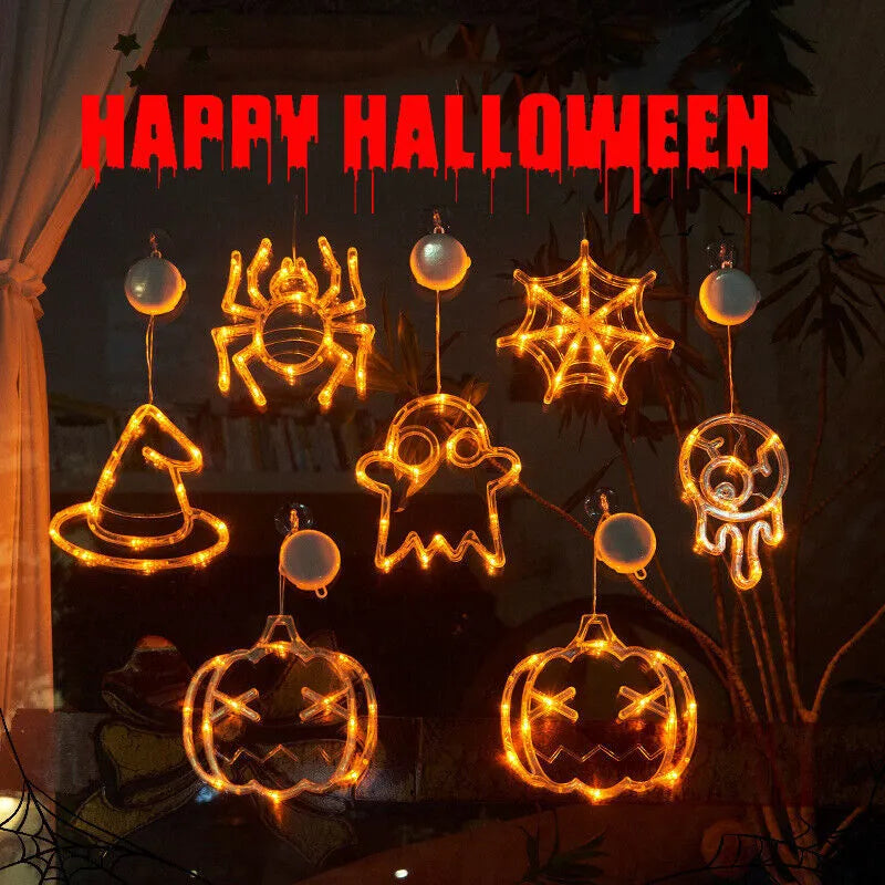 Halloween window hanging LED lights set with spider and pumpkin designs using suction cup installation