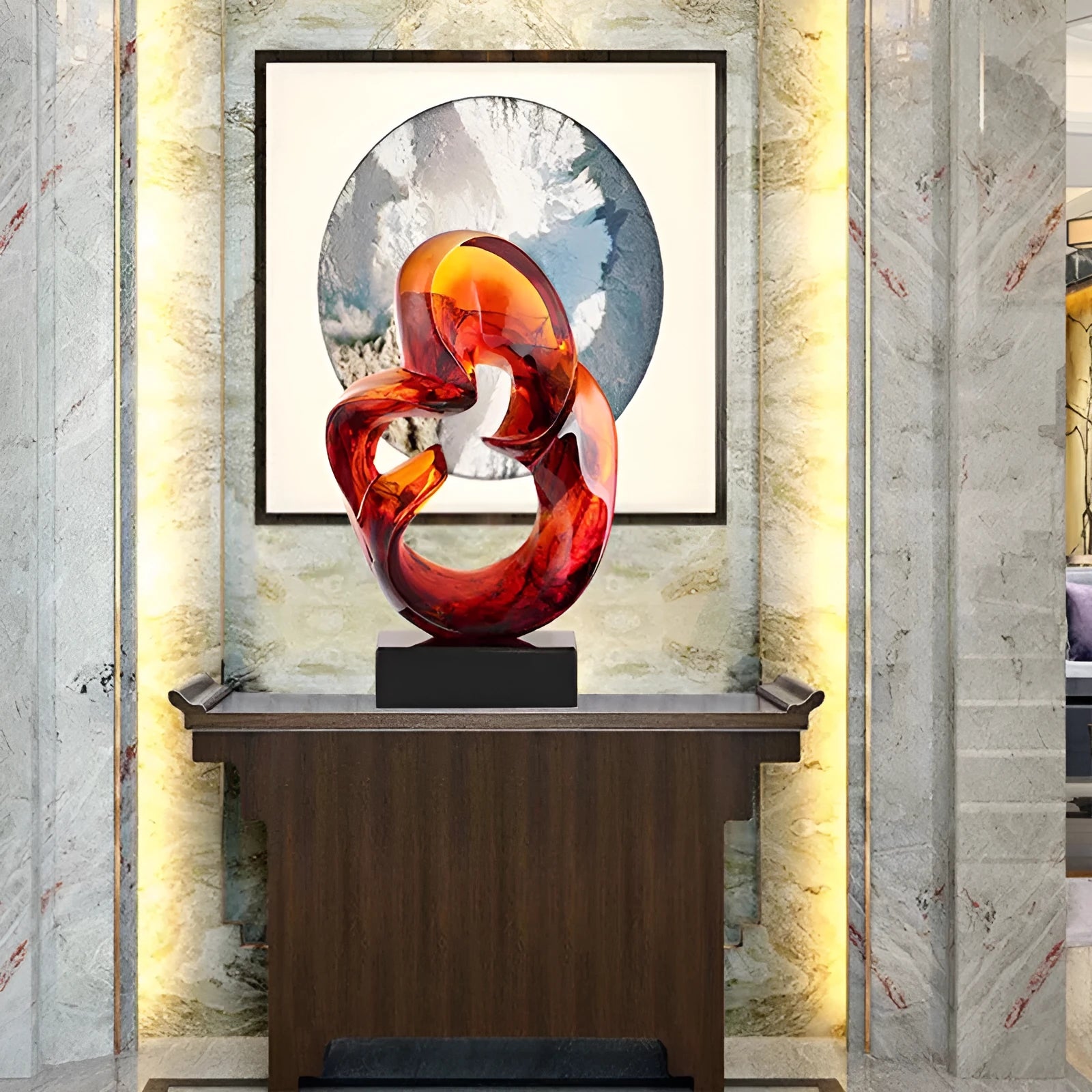 Transparent resin modern sculpture ornament in orange red colour on display surface