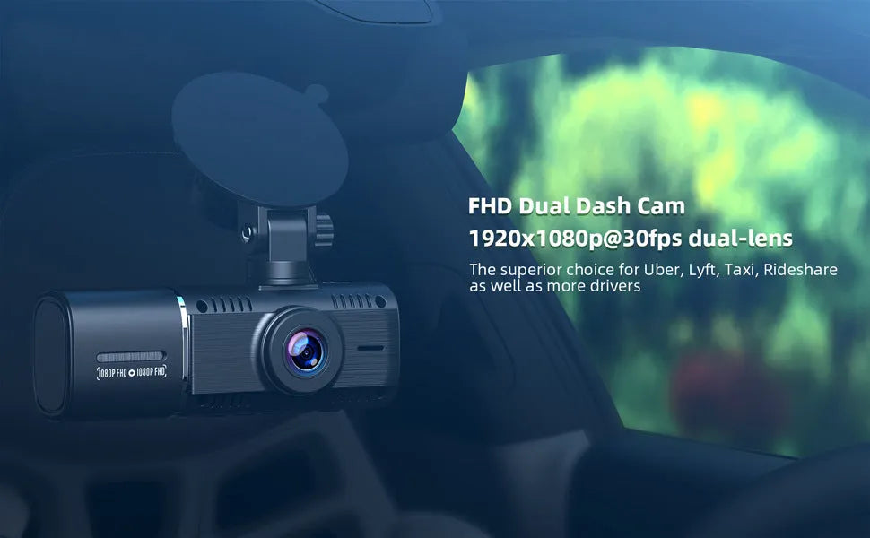 Standard black dual dash cam unit with 1.5-inch screen, shown with car charger and mounting stand.