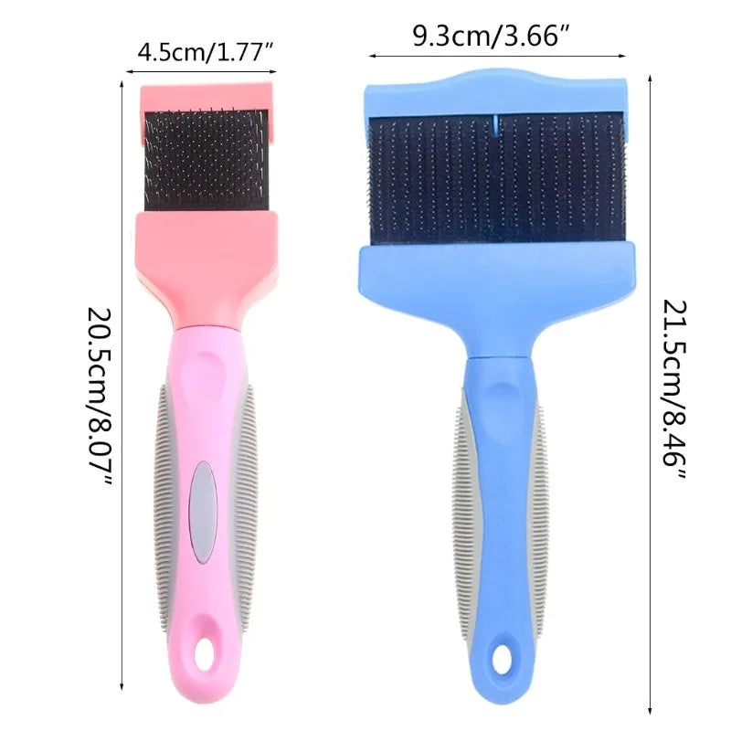 Blue double-sided pet brush with stainless steel pins on one side and a mix of soft and firm pins on the other.