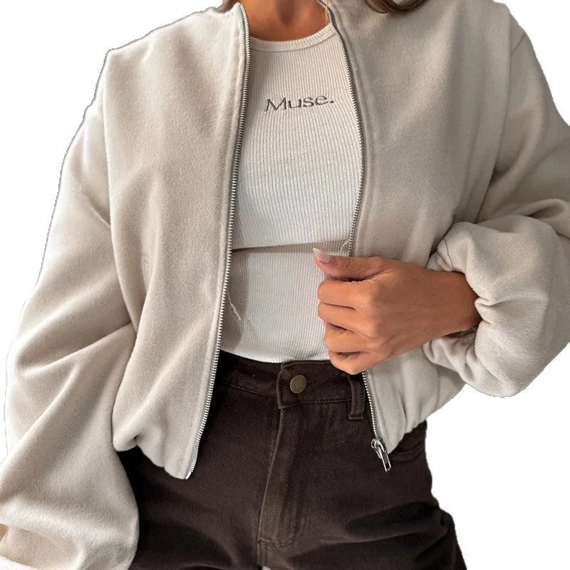 Women's off-shoulder short coat with lantern sleeves in milky white or brown colours