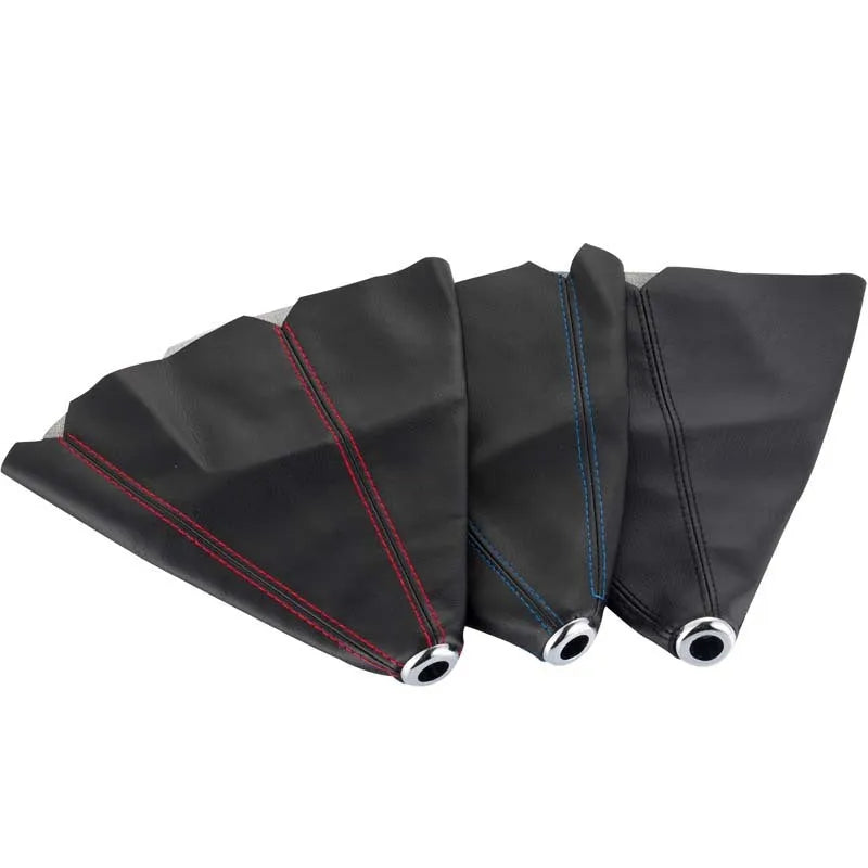 General Motors PU leather gear stick dust cover in black, blue, and red line colour options.