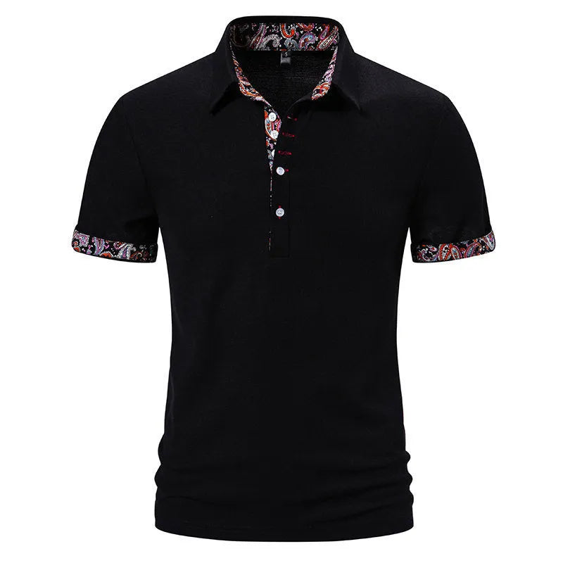 A man's regular fit polo shirt with a turnover collar, short sleeves, and colour-contrast stitching.