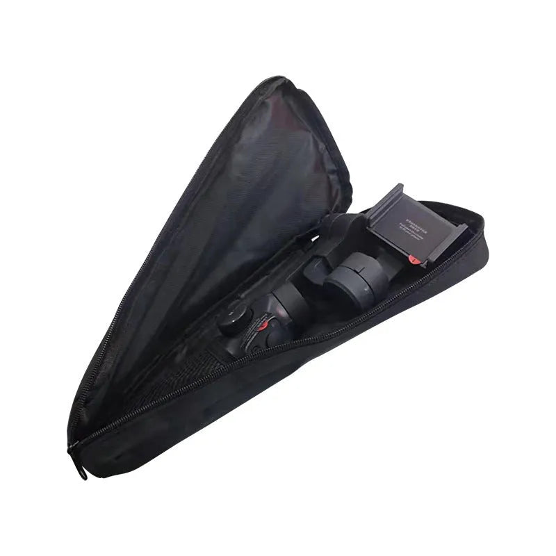 Black cloth storage bag for a mobile phone stabiliser and camera accessories.