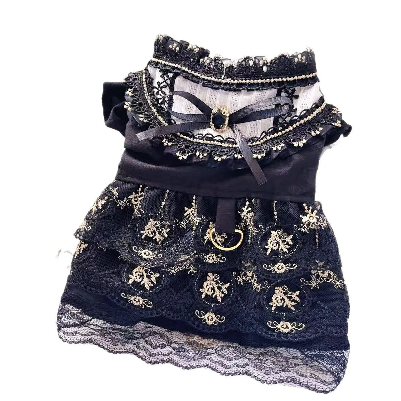 Gold Gothic princess style dress for a small dog or cat on a hanger