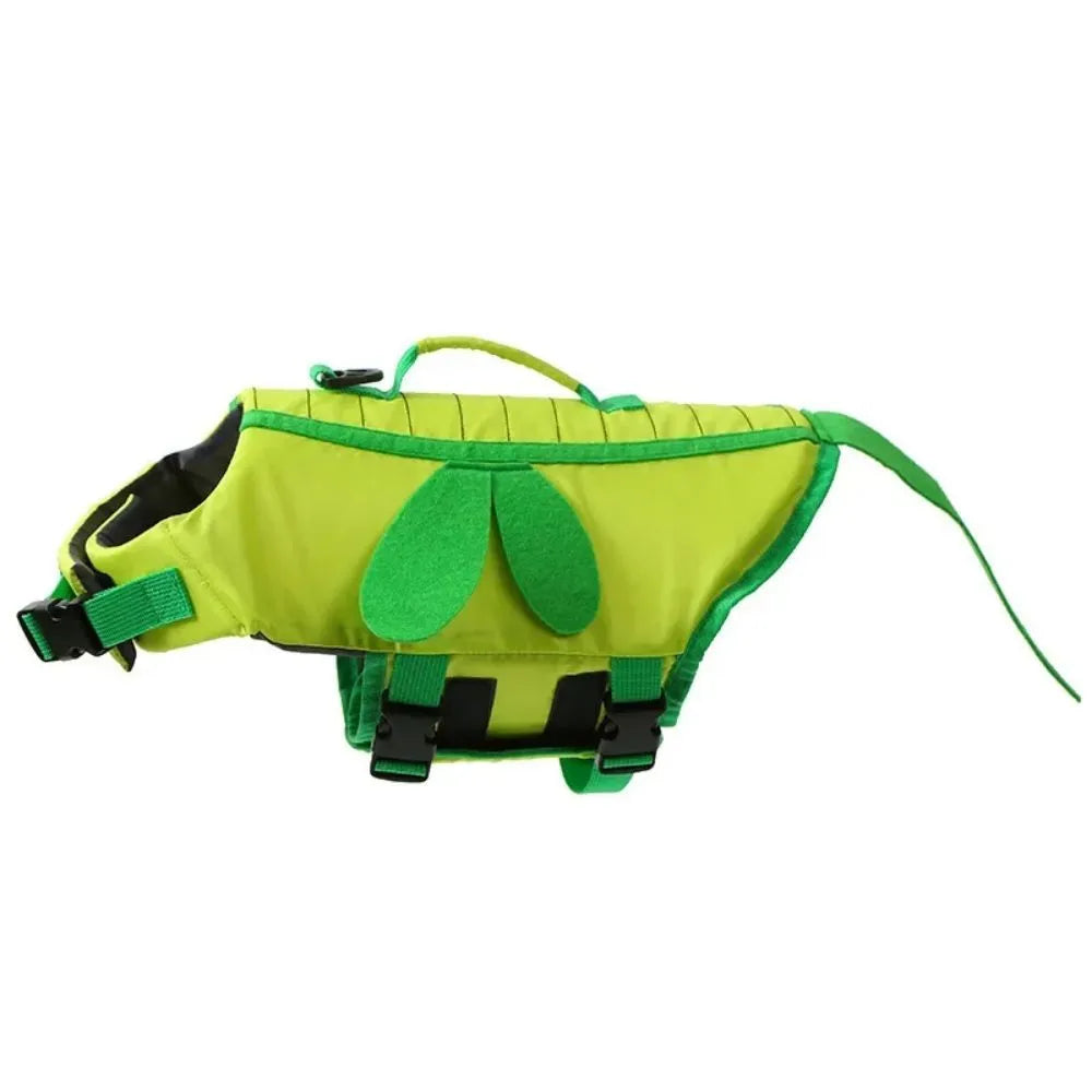 Green and yellow reflective dog life vest jacket with adjustable straps and handle for swimming safety