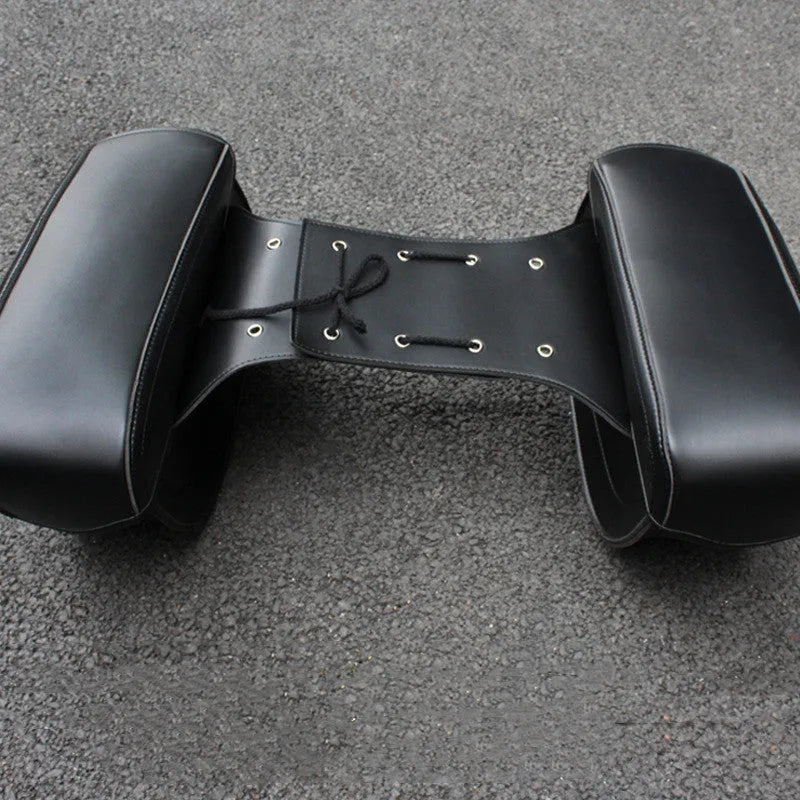 Retro style motorcycle saddle bag in PU leather with dimensions 42cm by 15cm by 30cm