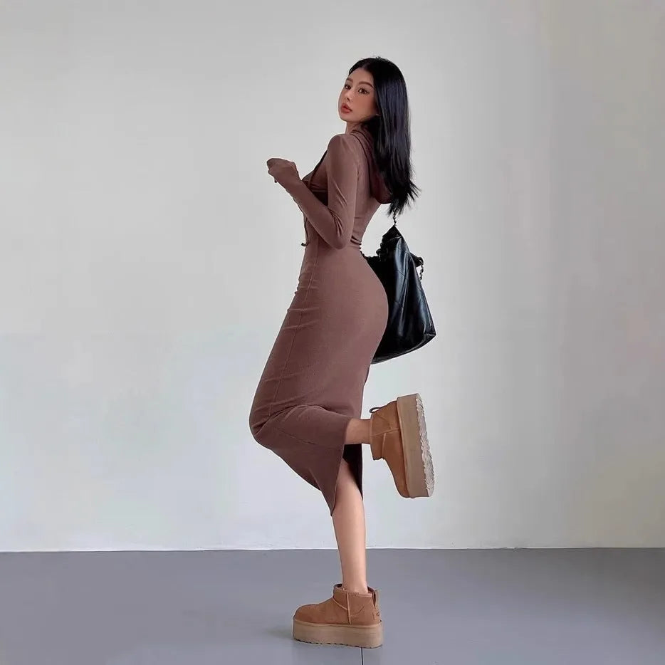 Women's grey hooded long-sleeve sheath dress with a high waist on a model.