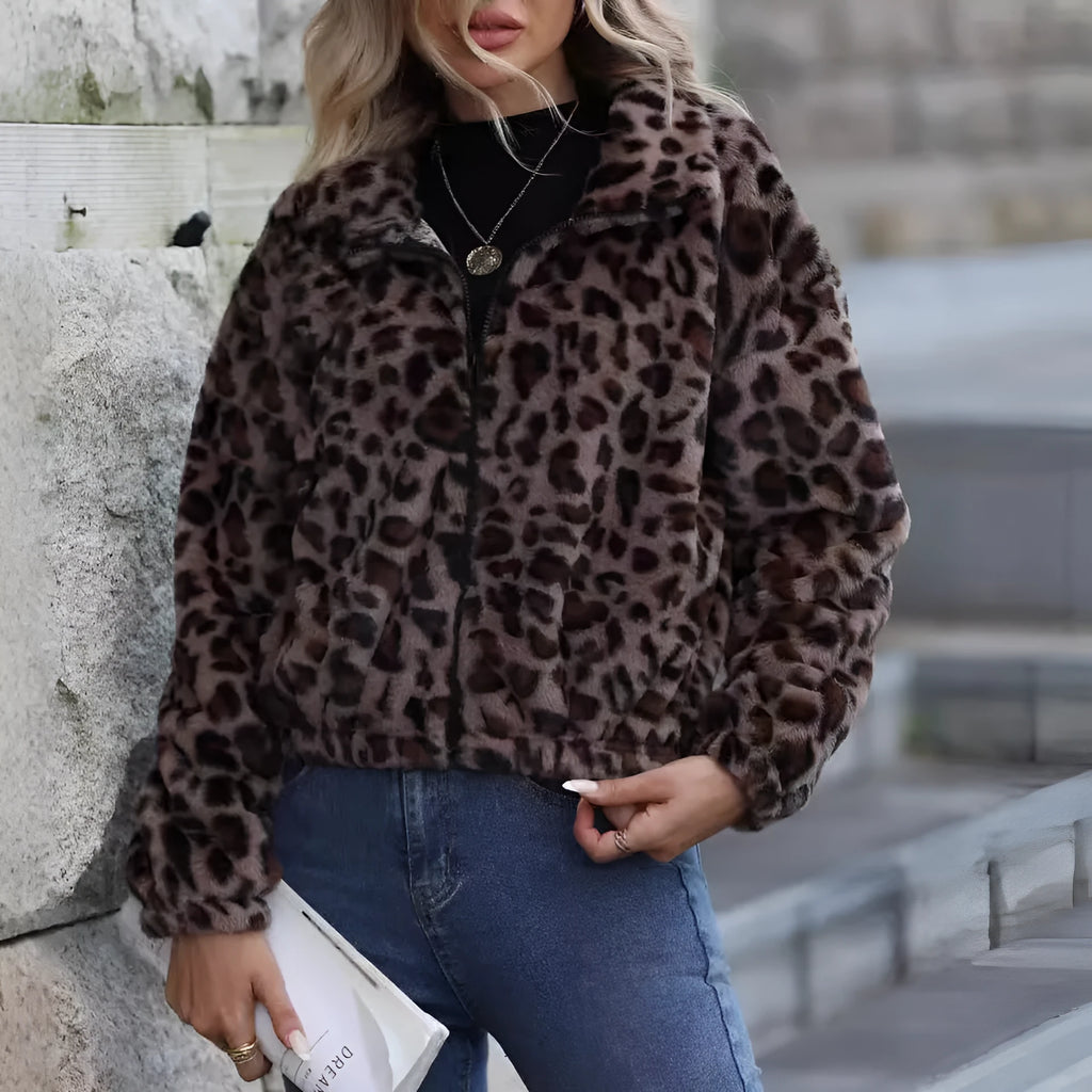 Women's loose leopard print plush coat with raglan sleeves and front zipper