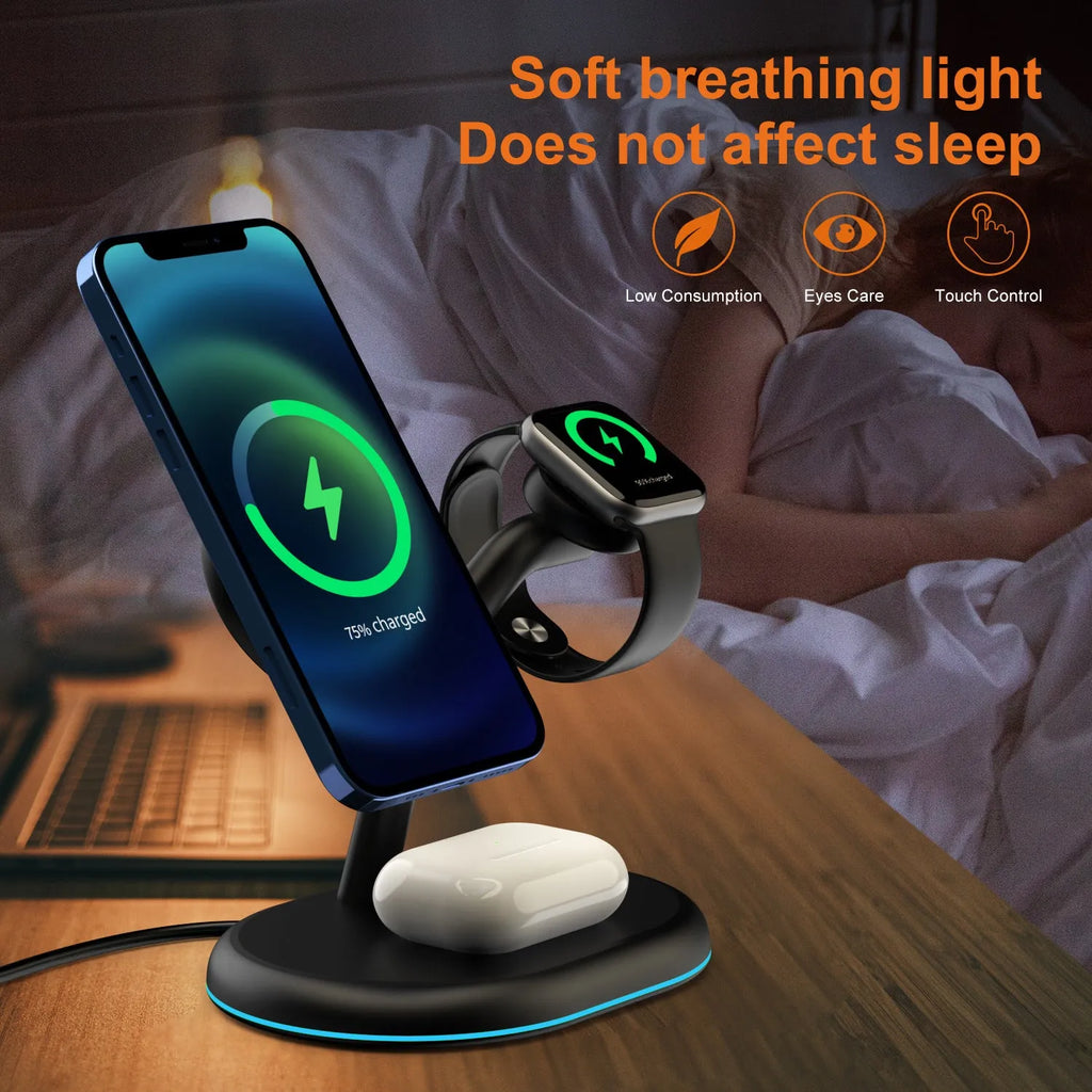 Black magnetic wireless charger with three functions and ABS plastic casing
