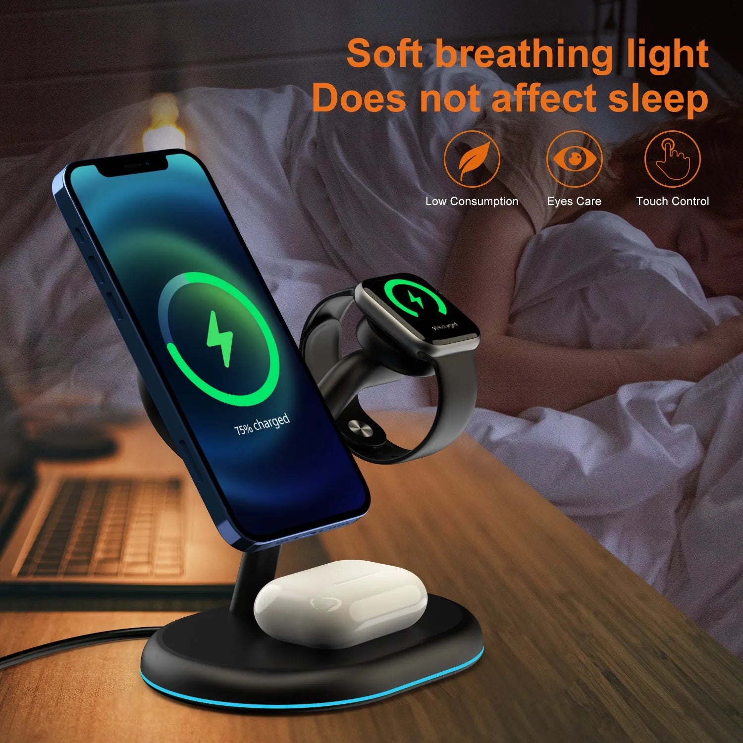 Black magnetic wireless charger with three functions and ABS plastic casing