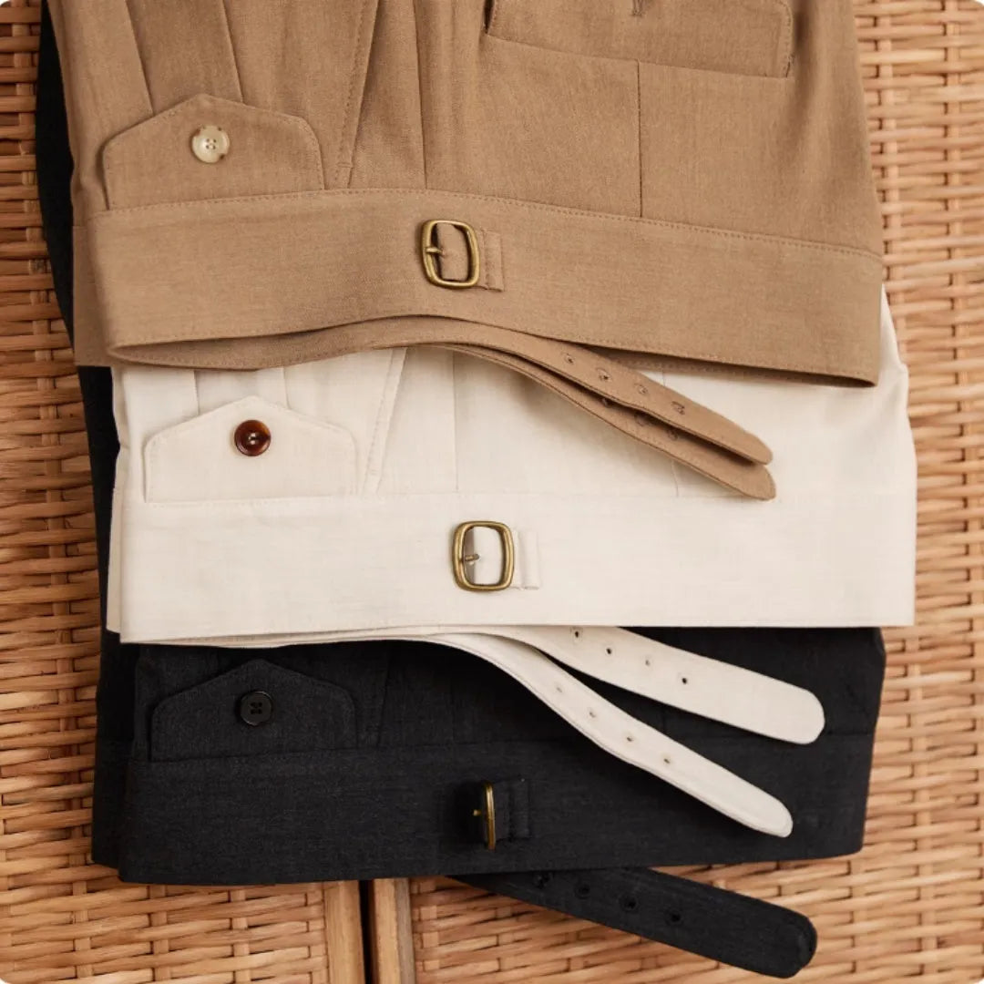 Men's slim fit straight leg business trousers in dark grey, light brown, or light apricot.
