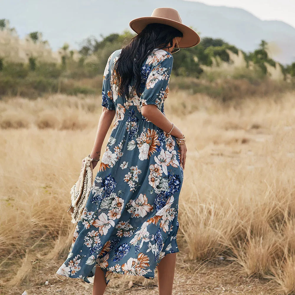 Women's floral print V-neck beach dress with elastic waist and short sleeves