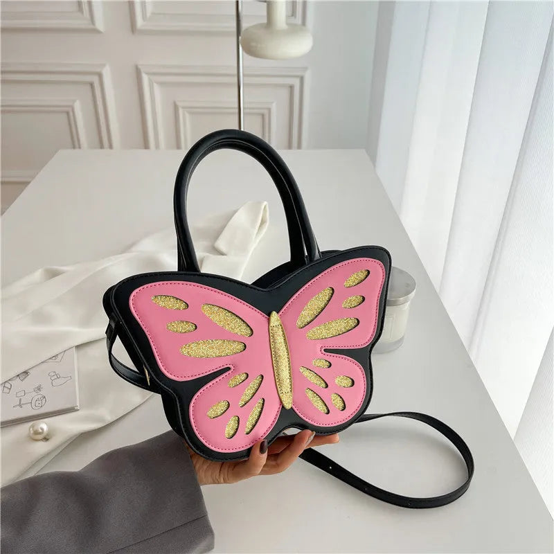 Women's square crossbody bag in PU leather showing black, blue, pink and white colour options with 27cm width