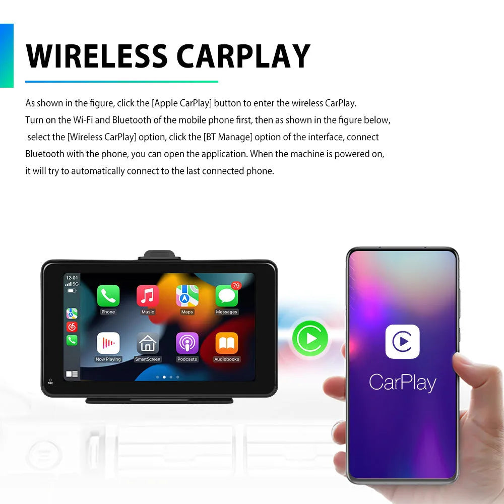 7-inch HD wired car dashboard smart player with screen showing multilingual menu options
