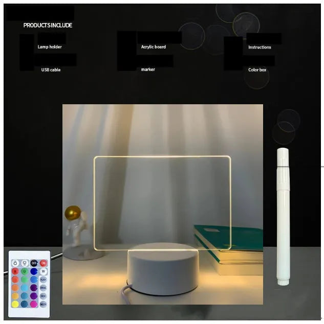 3D acrylic message board night light with handwritten note, showing colour-changing illumination and remote control.