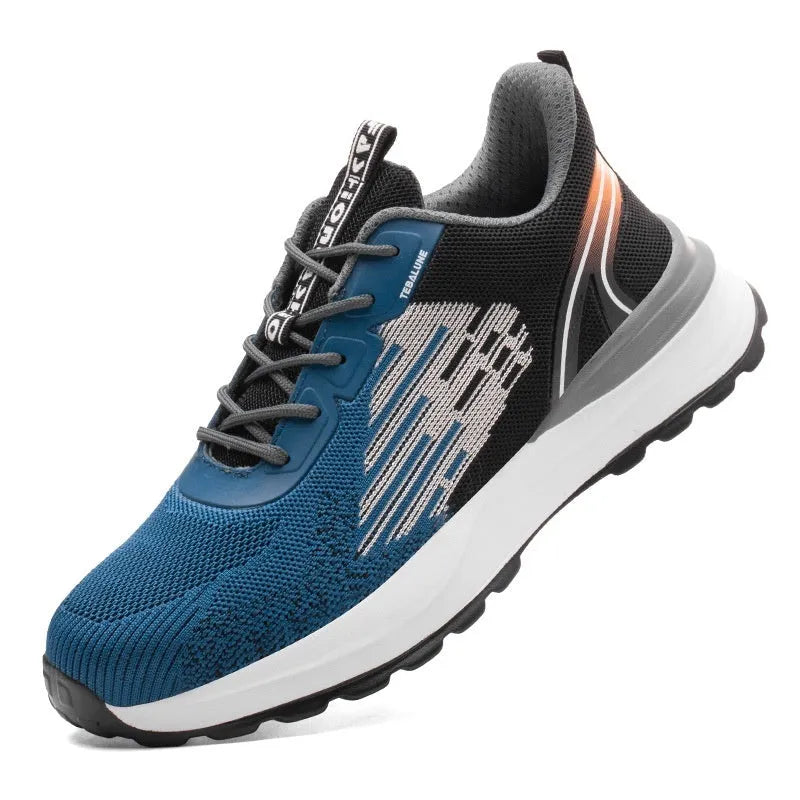 Blue men's lightweight safety work shoes with Flyknit mesh upper and non-slip PU sole
