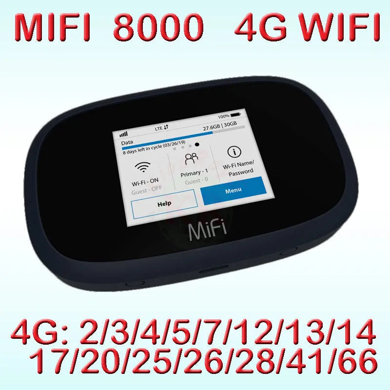 Black mifi8000 portable 4G wireless router with compact dimensions