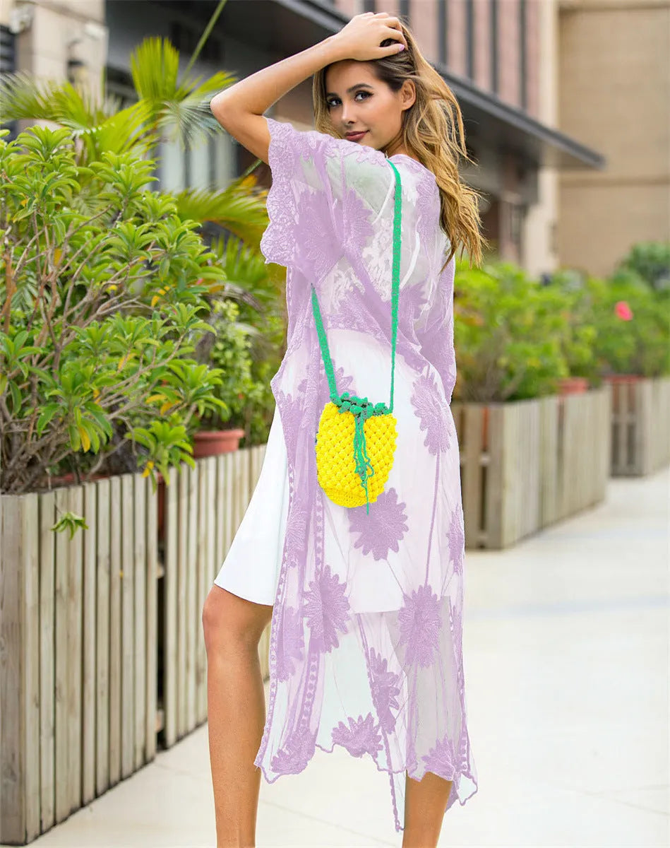 Light purple women's long lace embroidery beach cover-up dress for swimming.