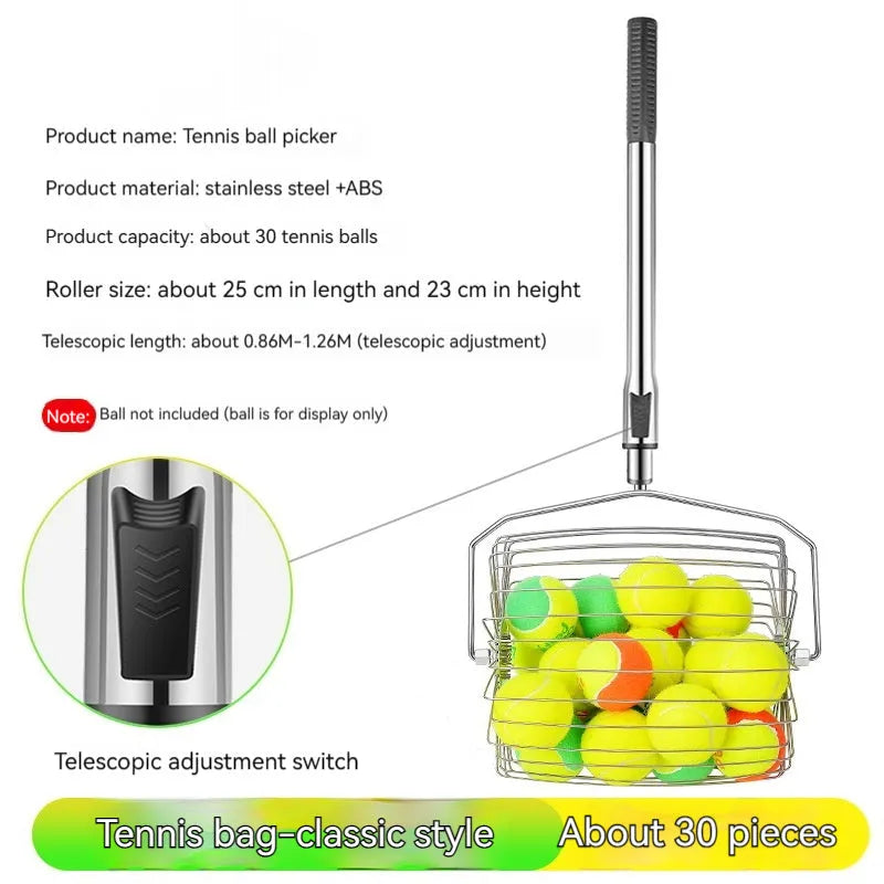 Stainless steel tennis ball picker roller on a court next to tennis balls.