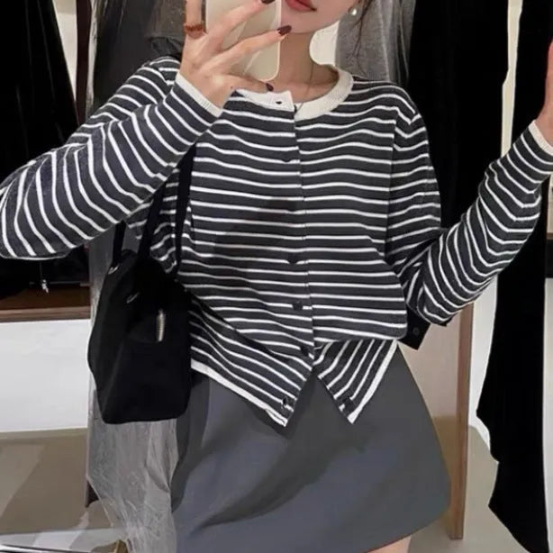 Women's French-style striped cardigan coat in dark grey with white stripes, slim fit design