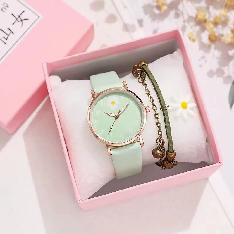 Little Daisy 36mm mori style women's watch with round alloy case and imitation leather strap on a white background