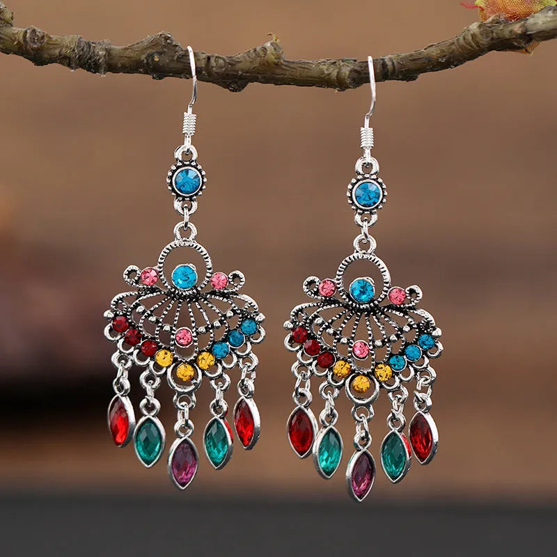 Purple crystal fringe drop earrings with retro court styling and alloy construction