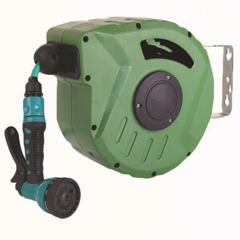 Automatic retractable hose reel unit with 10-metre PVC water pipe for car washing and garden use.