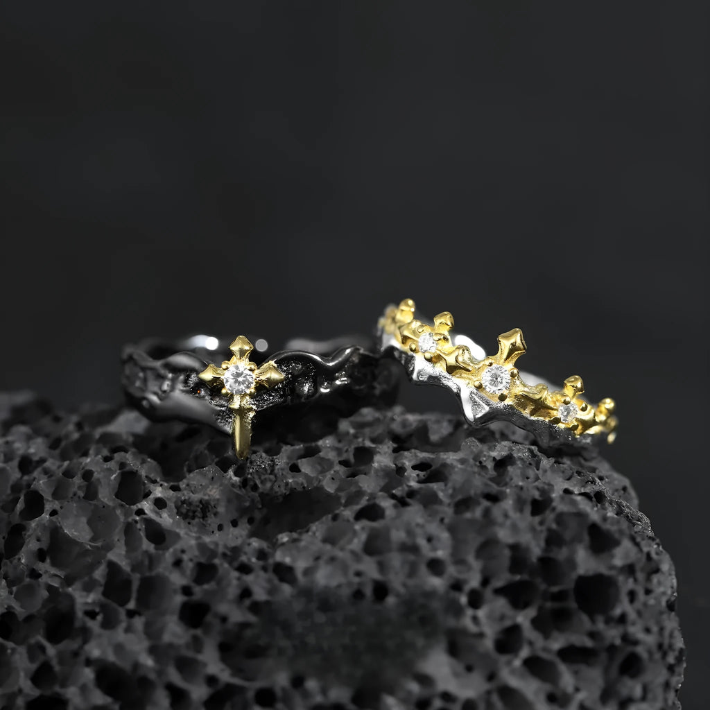 Adjustable opening silver couple ring with electroplated white gold or black gold finish