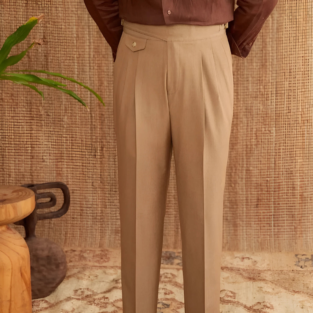 Men's slim fit straight leg business trousers in dark grey, light brown, or light apricot.