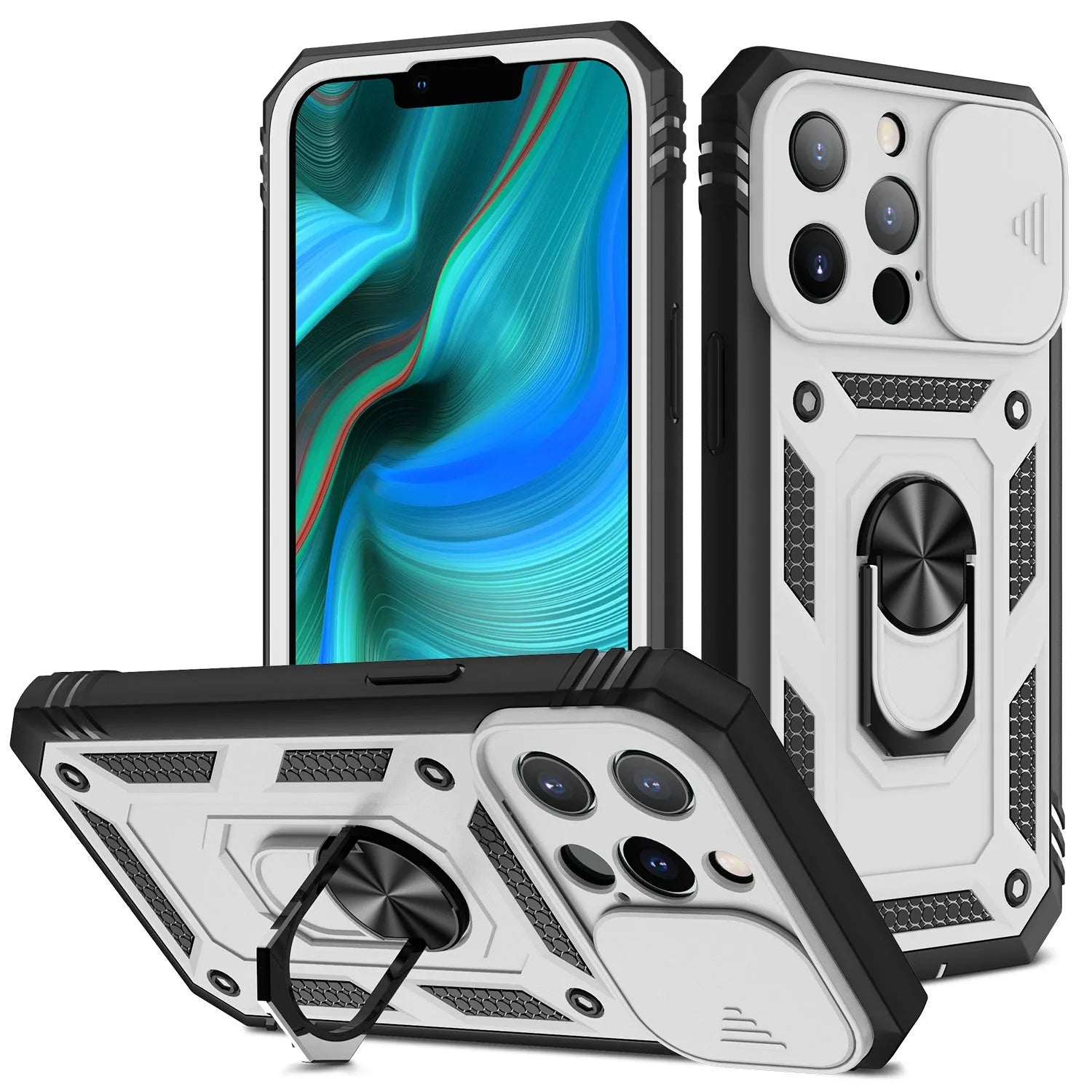 Magnetic iPhone case with sliding window bracket in two-tone colours for iPhone 12 and 13 models